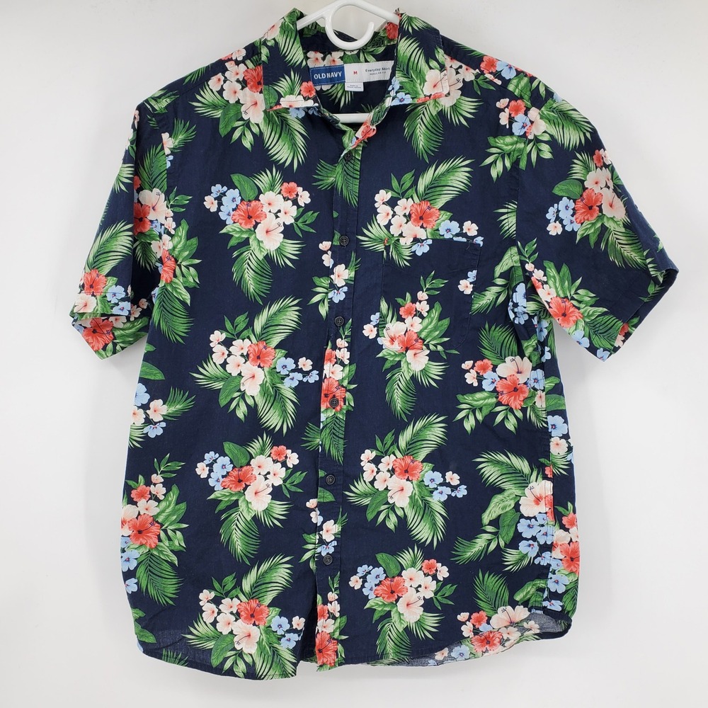 Old‎ Navy Mens Everyday Shirt Medium Navy Blue Tropical Floral Palm Button Down